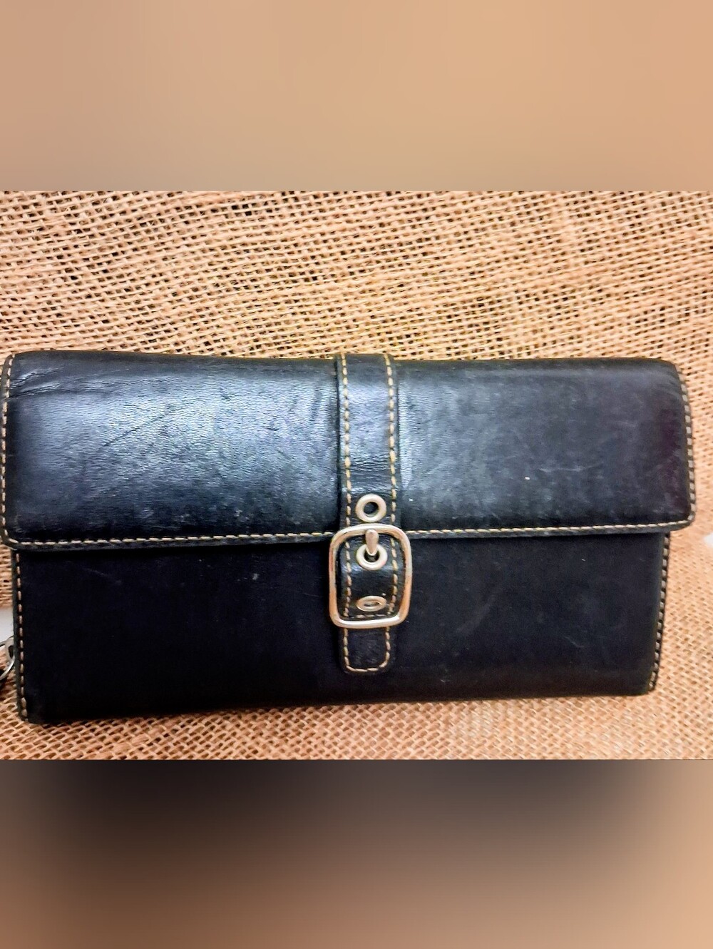 Vintage COACH Black Leather Spho Buckle Clutch Wallet W zipper Close Pocket Y2K